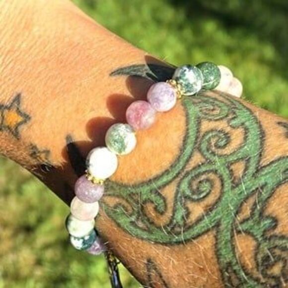 Egyptian Eye of Horus Plum Tourmaline Tree Agate Gemstone Bracelet - Picture 5 of 6